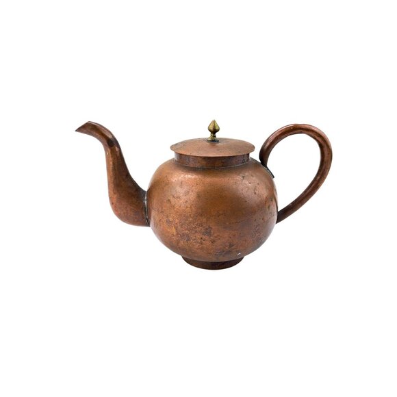 Other - Antique Copper Teapot With Brass Knob Lid China Chinese Patina Kettle Primitive